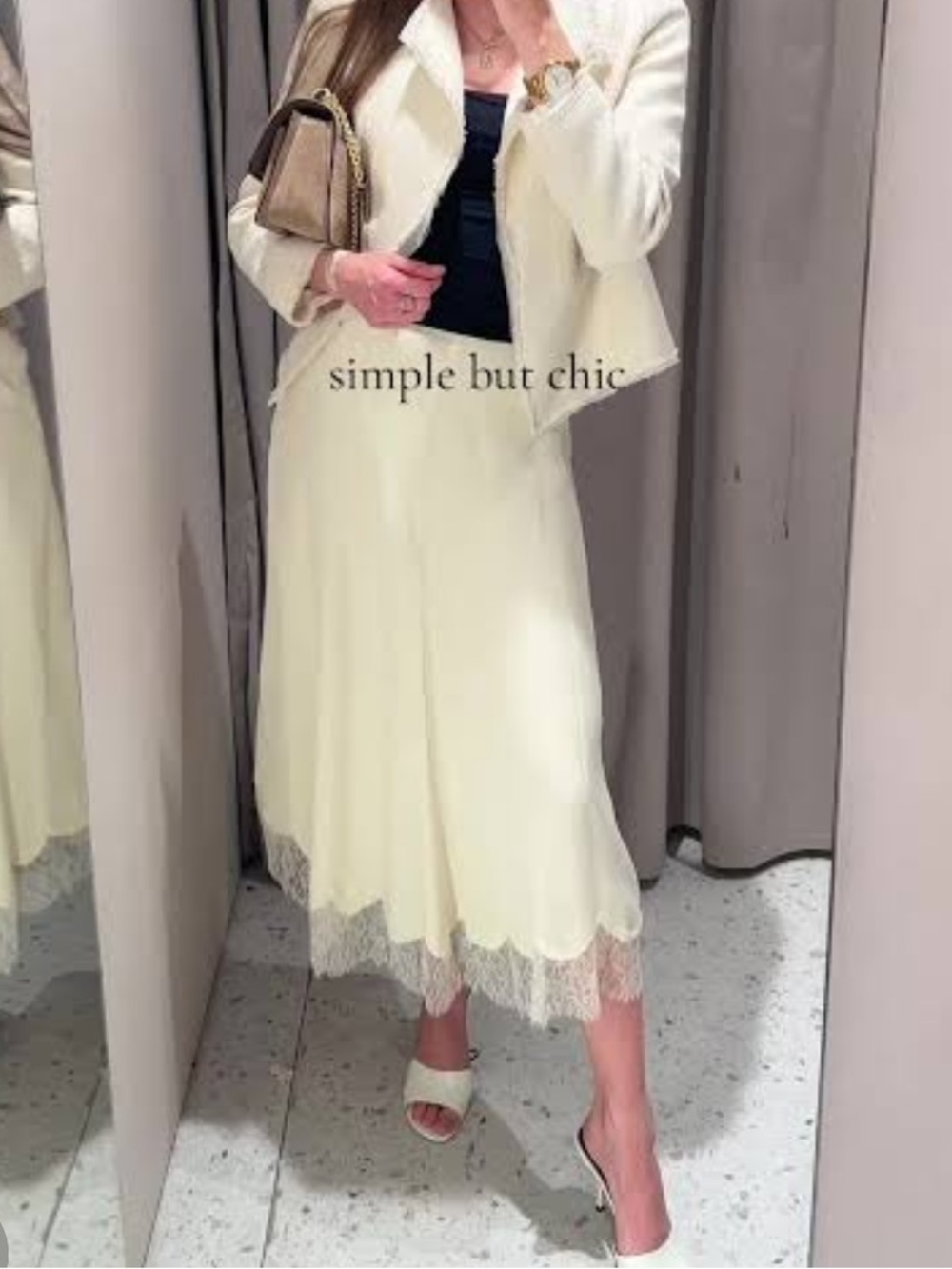 Zara Cream Lace-Trim Midi Skirt